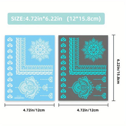 Blue Luminous Henna Tattoo Sticker Girls Tribal White Lace Lotus Tattoos Mandala Flower Fake Jewelry Pendant Temporary Tattoo