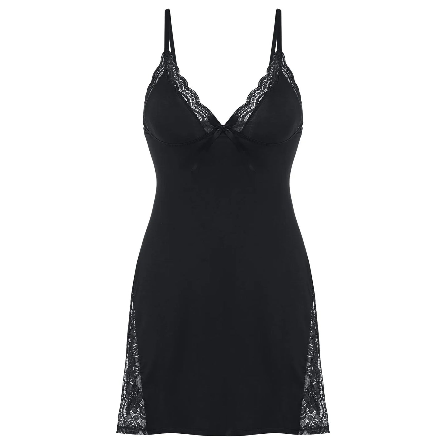 Black slip dress with lace trim on a white background