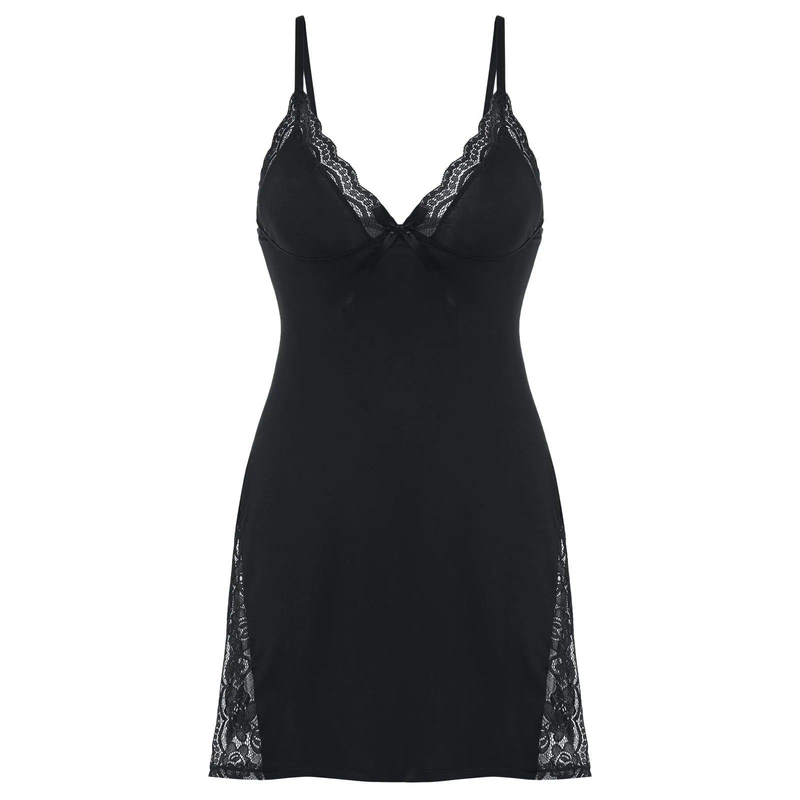 Black slip dress with lace trim on a white background