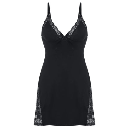 Black slip dress with lace trim on a white background