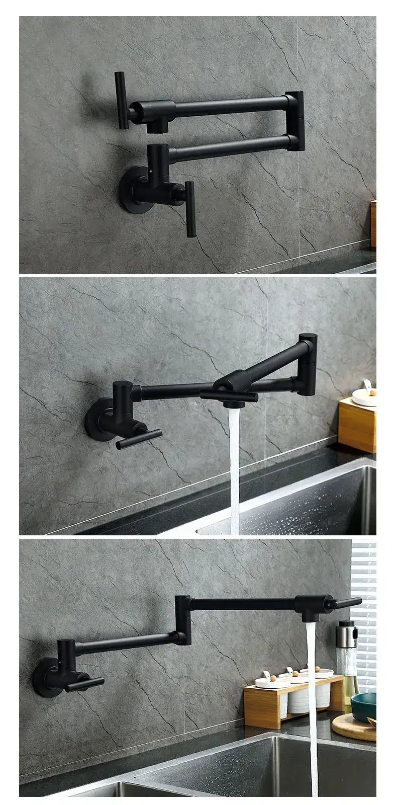Black Wall Mounted Pot Filler Faucet Swivel Folding Rotary Kitchen Sink Faucet Brushed Gold Single Cooling Sink Tap