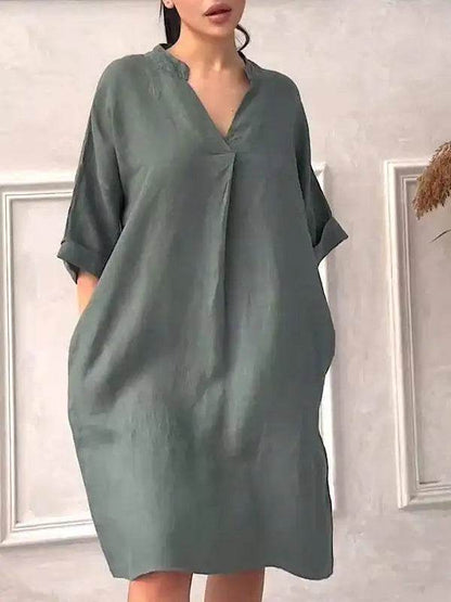 Fashion Cotton And Linen Women's V-neck Loose Dress 2025 Spring And Summer Solid Color Casual Short Sleeved Pocket Midi Dresses - My Chroma Cart