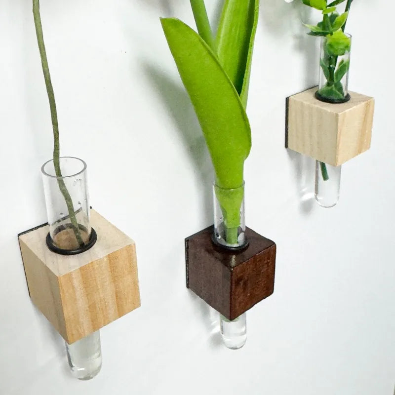 Wood Test Tube Vase Magnetic Flower Decor