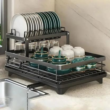 Kitchen Dish Drying Rack with Drainboard & Storage