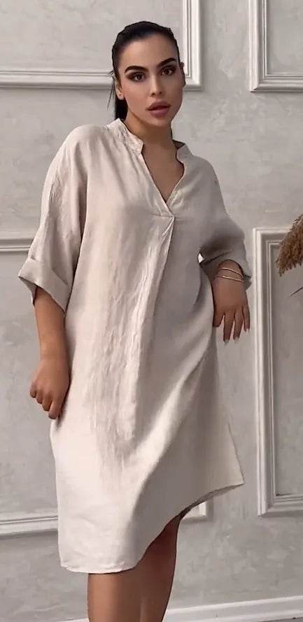 Fashion Cotton And Linen Women's V-neck Loose Dress 2025 Spring And Summer Solid Color Casual Short Sleeved Pocket Midi Dresses - My Chroma Cart