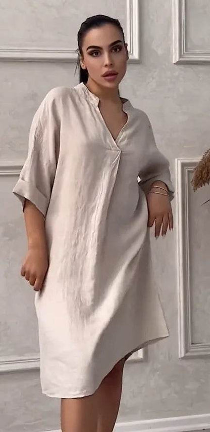Fashion Cotton And Linen Women's V-neck Loose Dress 2025 Spring And Summer Solid Color Casual Short Sleeved Pocket Midi Dresses - My Chroma Cart
