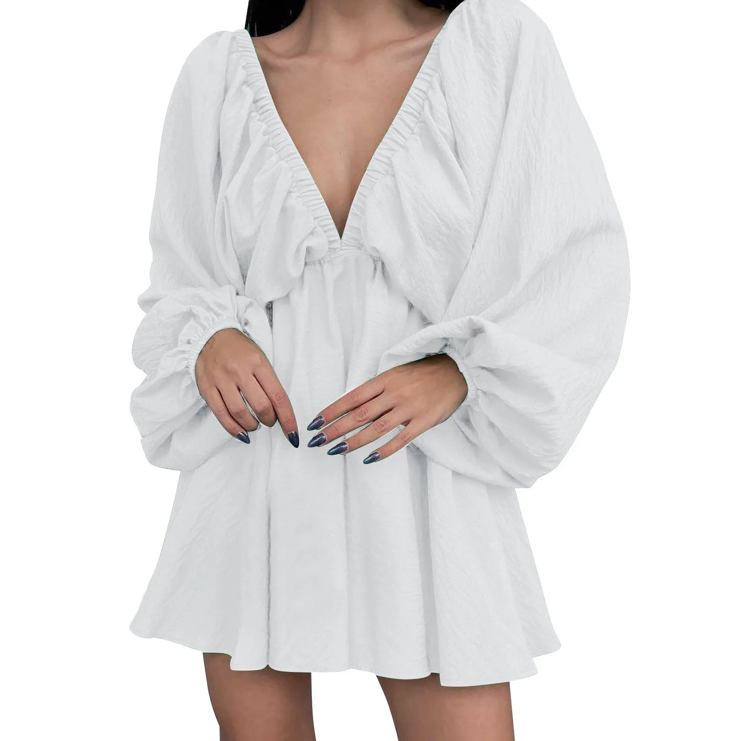 Deep V Pleated Long Sleeve Dress