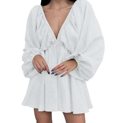 Deep V Pleated Long Sleeve Dress