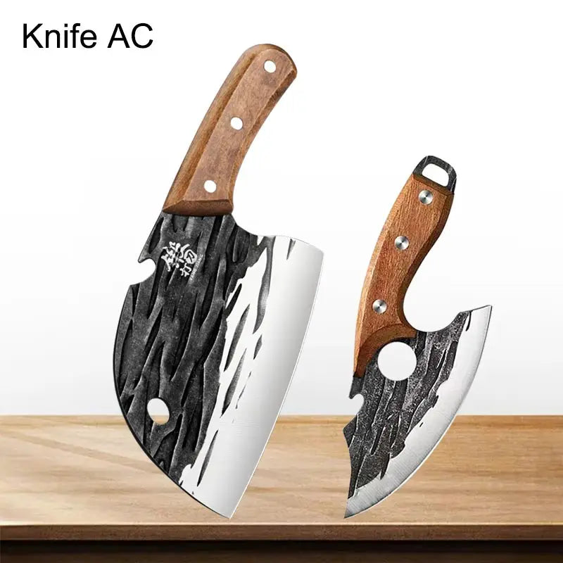 Two axes with wooden handles on a wooden surface