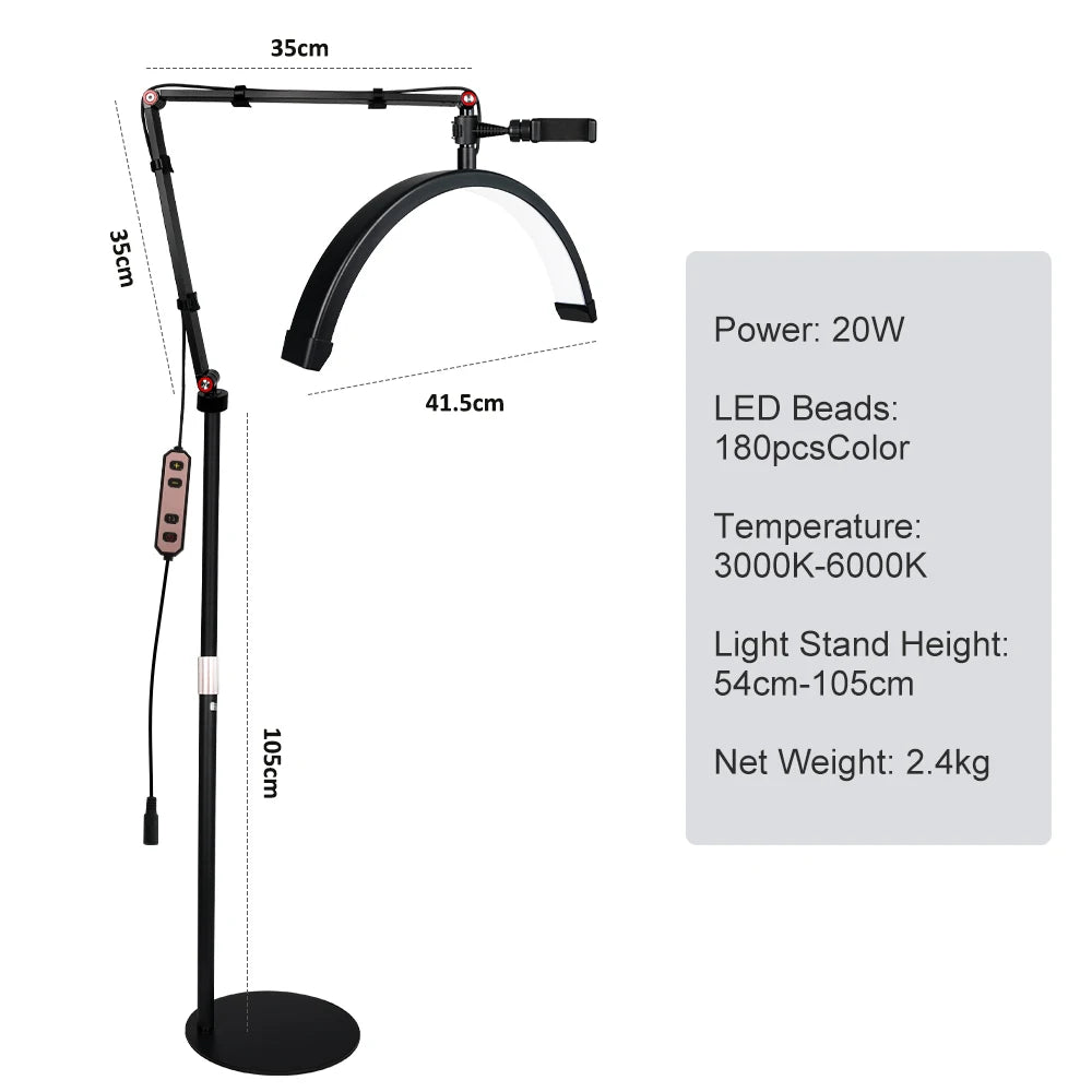 Black LED lamp stand with measurements and specifications on a white background
