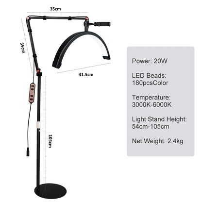 Black LED lamp stand with measurements and specifications on a white background