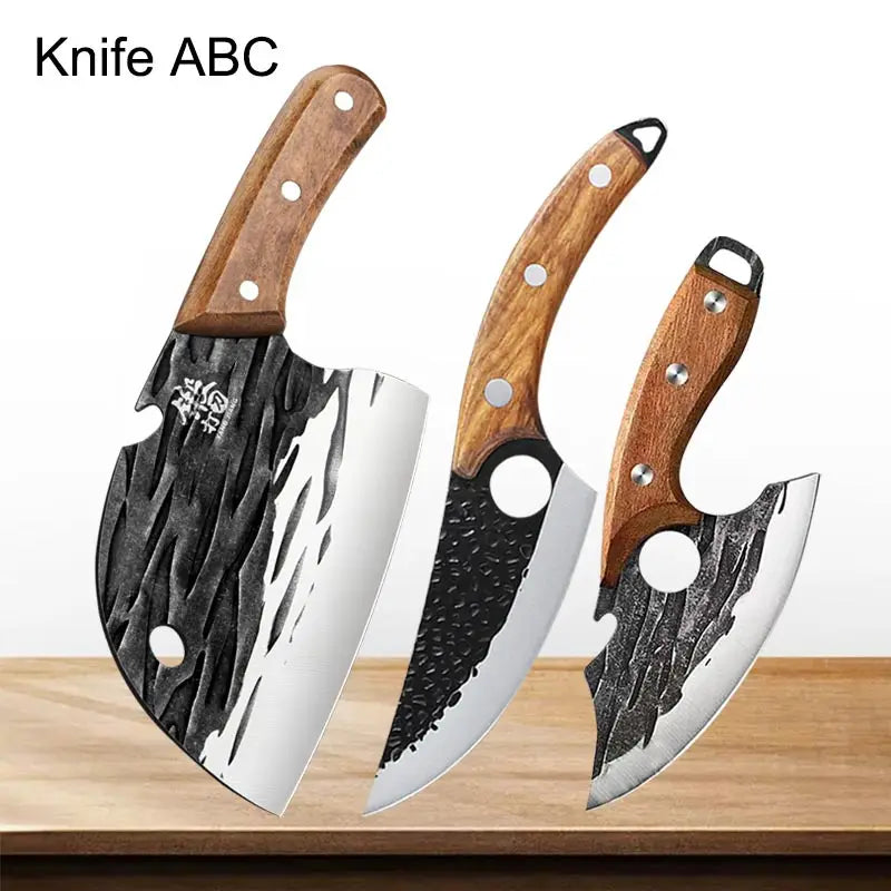 Three knives with wooden handles on a wooden surface, branded 'Knife ABC'.