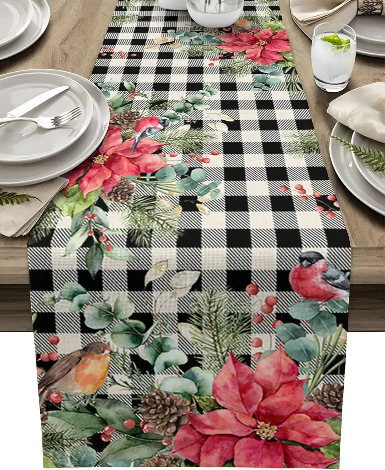 Christmas Poinsettia Bird Pine Cone Linen Table Runner Dresser Scarves Winter Xmas Kitchen Table Runner Christmas Decorations