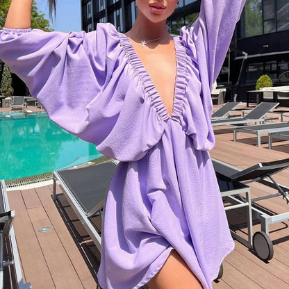 Deep V Pleated Long Sleeve Dress
