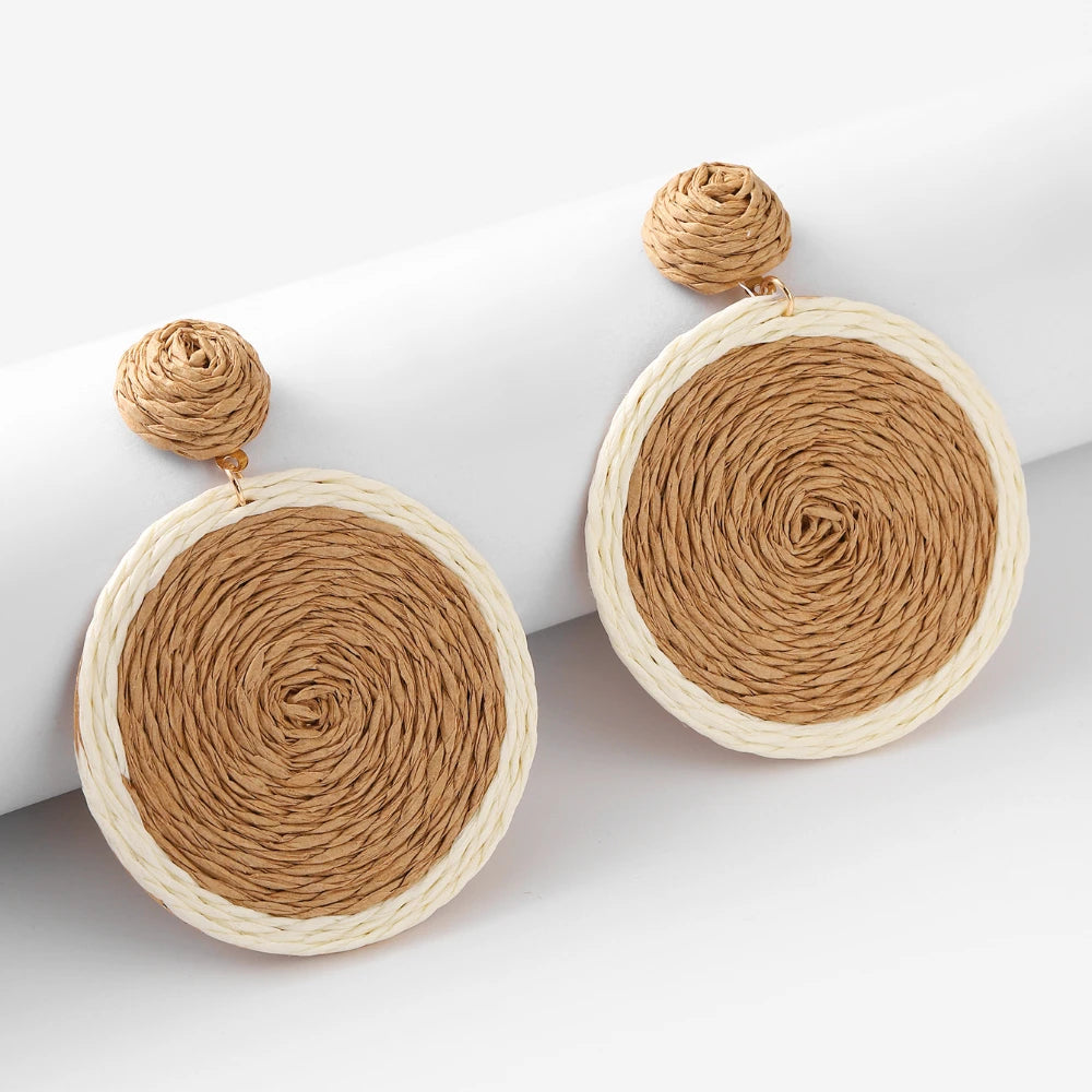 Bohemian Rattan Earrings Straw Wicker Braid Colorful Raffia Round Drop Dangle Earrings for Women Summer Beach Jewelry