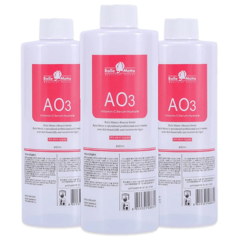 Three bottles of Belle Meato AO3 serum on a white background