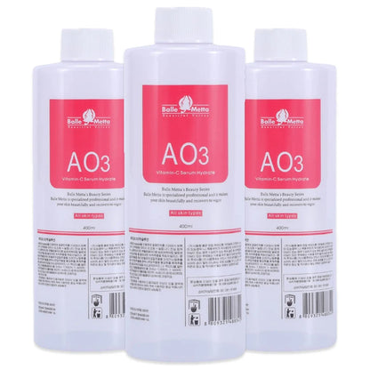 Three bottles of Belle Meato AO3 serum on a white background