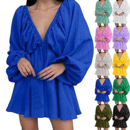 Deep V Pleated Long Sleeve Dress