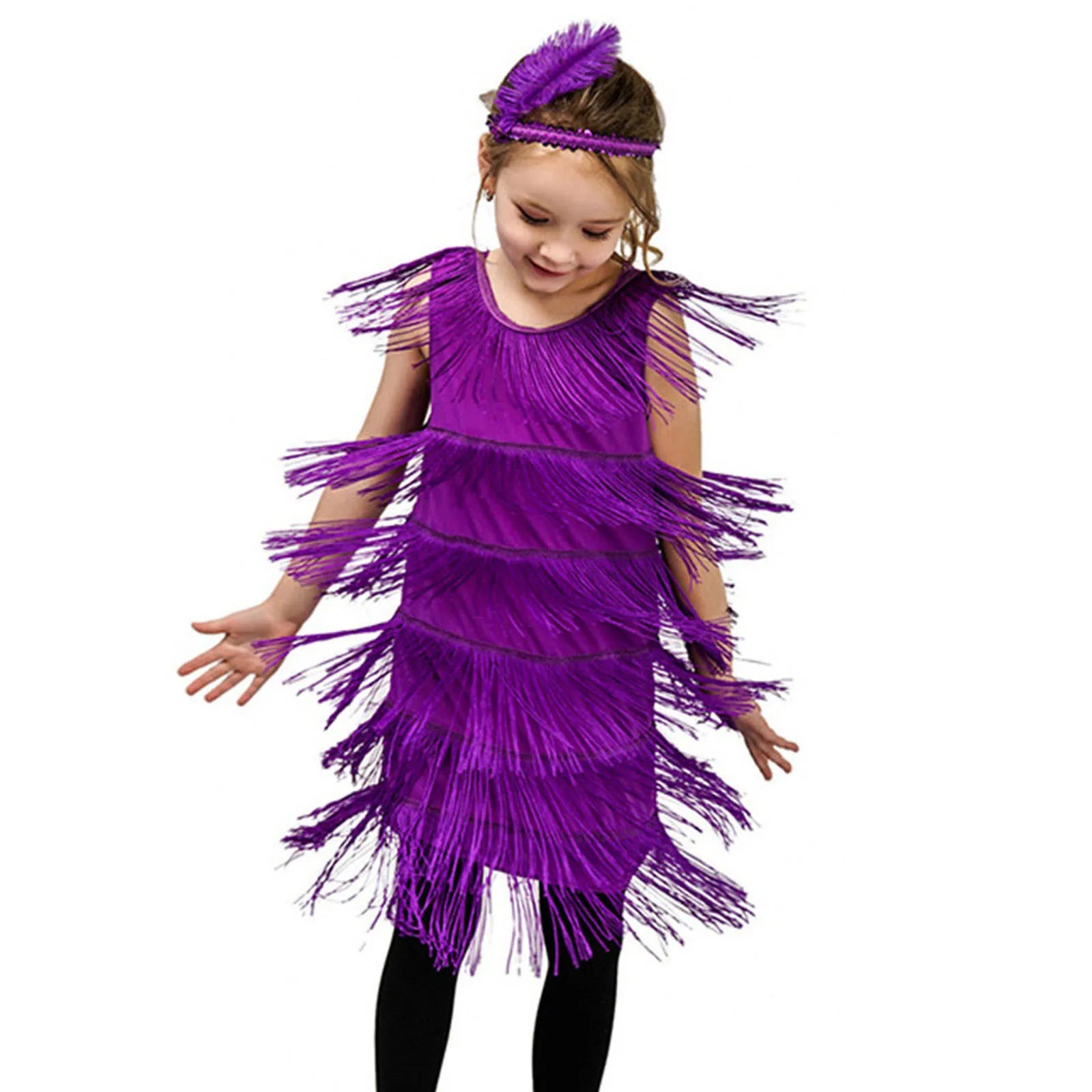 Child wearing a purple fringe dress with a matching headband on a white background