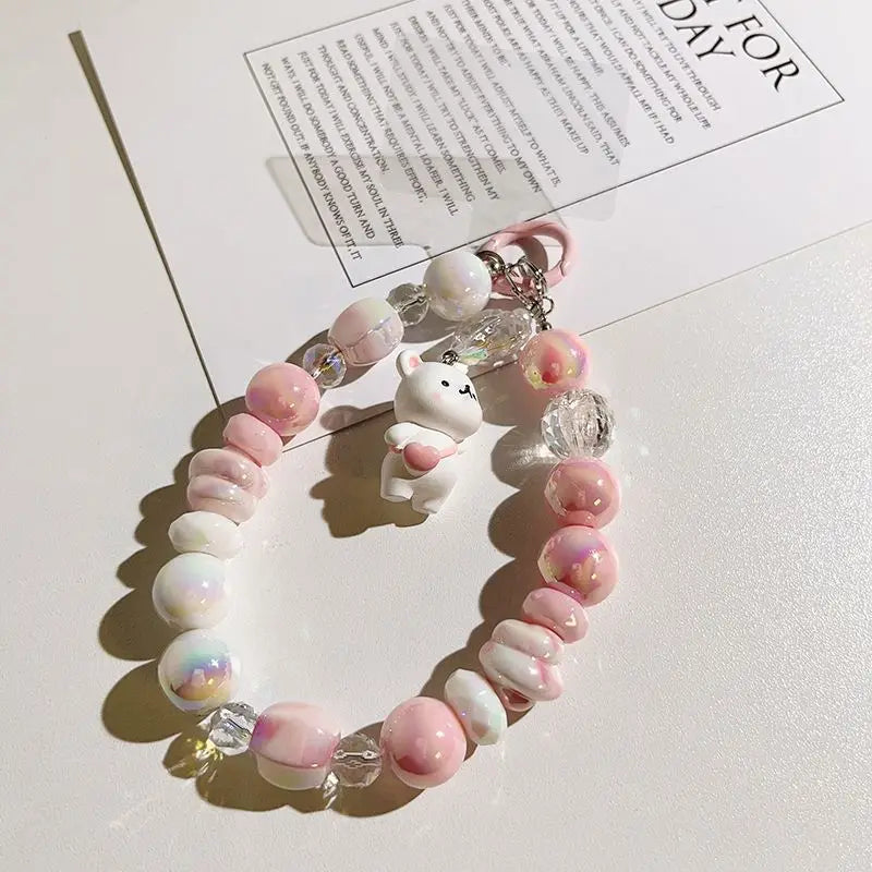 Cartoon Bear Love Beads Mobile Phone Chain Lanyard Cute Short Pendant Keychain Hanging Cord Straps Fashion Jewelry Accessories
