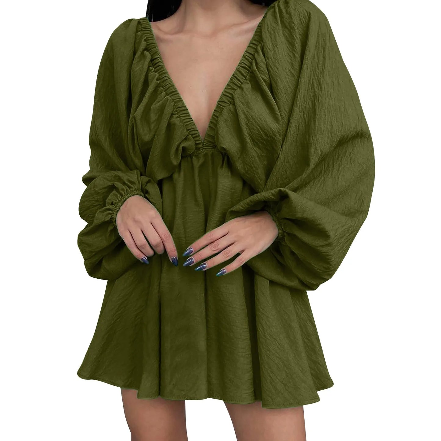 Deep V Pleated Long Sleeve Dress