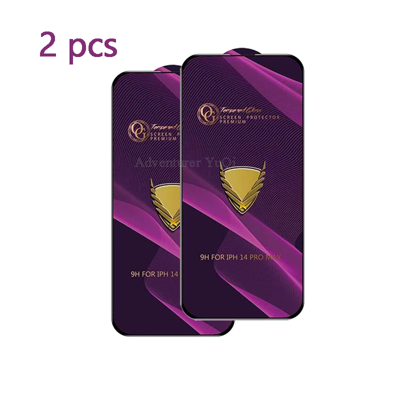Two purple phone screen protectors with gold logo and text on a white background