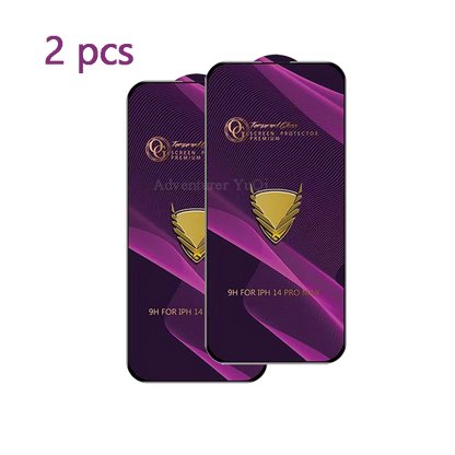 Two purple phone screen protectors with gold logo and text on a white background