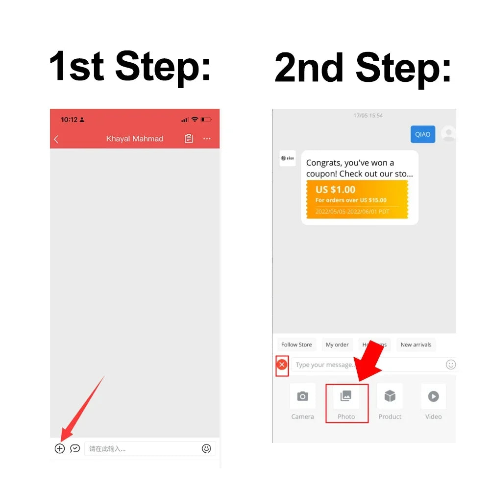 Two smartphone screenshots showing app interface with red arrows indicating steps.