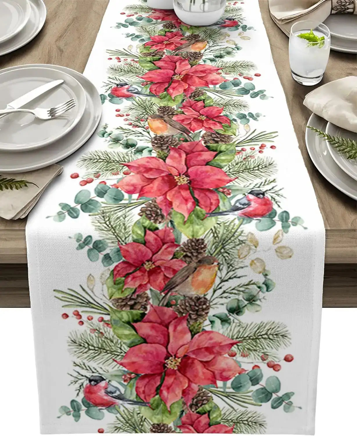 Christmas Poinsettia Bird Pine Cone Linen Table Runner Dresser Scarves Winter Xmas Kitchen Table Runner Christmas Decorations
