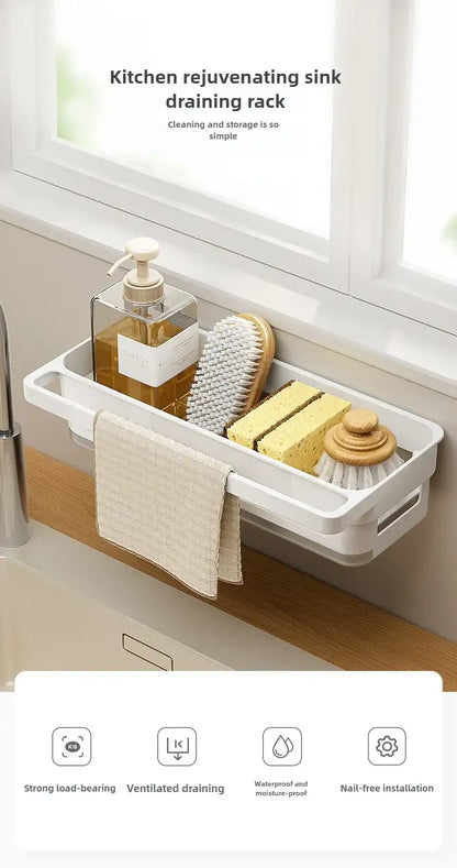Sponge Holder for Kitchen Sink Wall Mount Sink Caddy with Drainage and Drip Tray Plastic Organizer for Countertop White