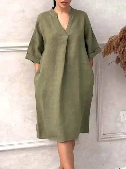 Fashion Cotton And Linen Women's V-neck Loose Dress 2025 Spring And Summer Solid Color Casual Short Sleeved Pocket Midi Dresses - My Chroma Cart