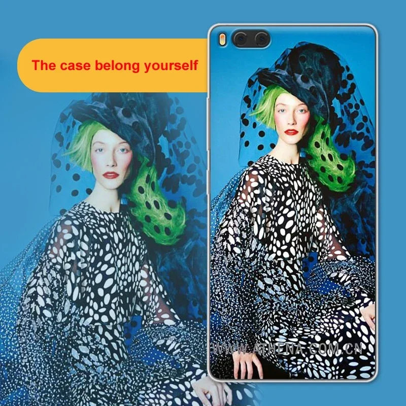 Phone case with a design of a woman with green hair and a black and white patterned dress on a blue background.