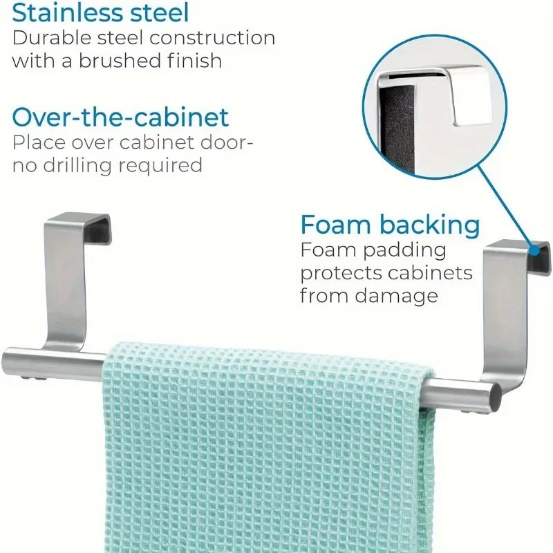 Over-the-cabinet towel bar with stainless steel construction and foam backing, featuring a close-up of the hook and text describing features.
