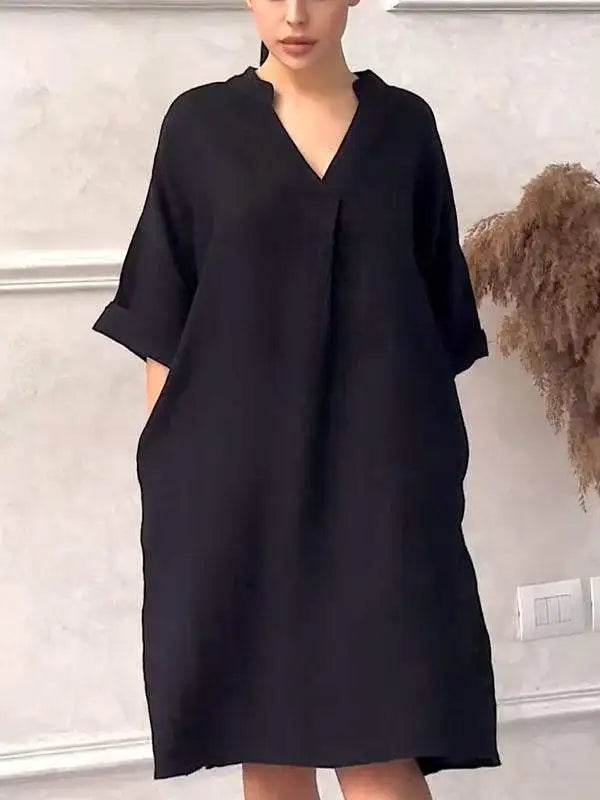 Fashion Cotton And Linen Women's V-neck Loose Dress 2025 Spring And Summer Solid Color Casual Short Sleeved Pocket Midi Dresses - My Chroma Cart