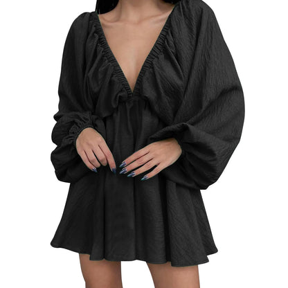 Deep V Pleated Long Sleeve Dress