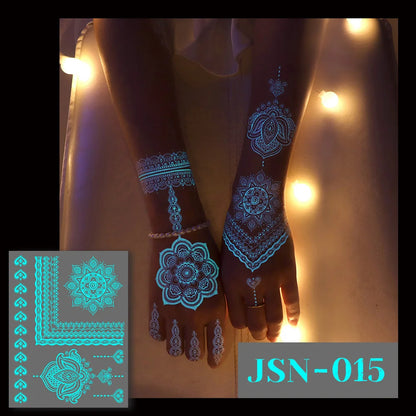 Blue Luminous Henna Tattoo Sticker Girls Tribal White Lace Lotus Tattoos Mandala Flower Fake Jewelry Pendant Temporary Tattoo