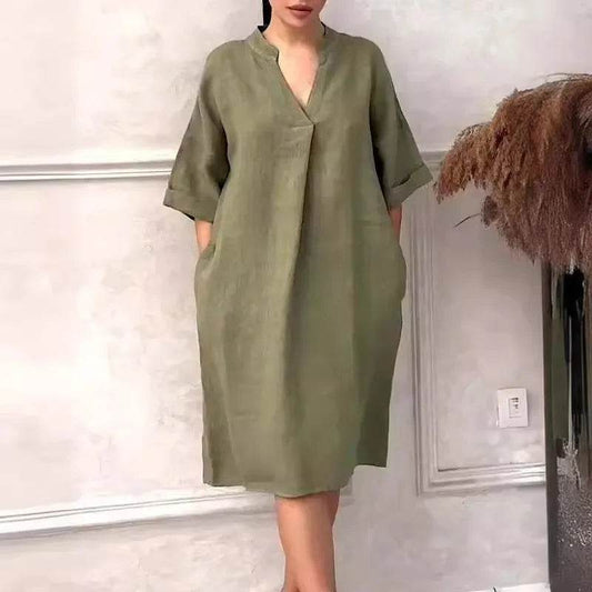 Fashion Cotton And Linen Women's V-neck Loose Dress 2025 Spring And Summer Solid Color Casual Short Sleeved Pocket Midi Dresses - My Chroma Cart