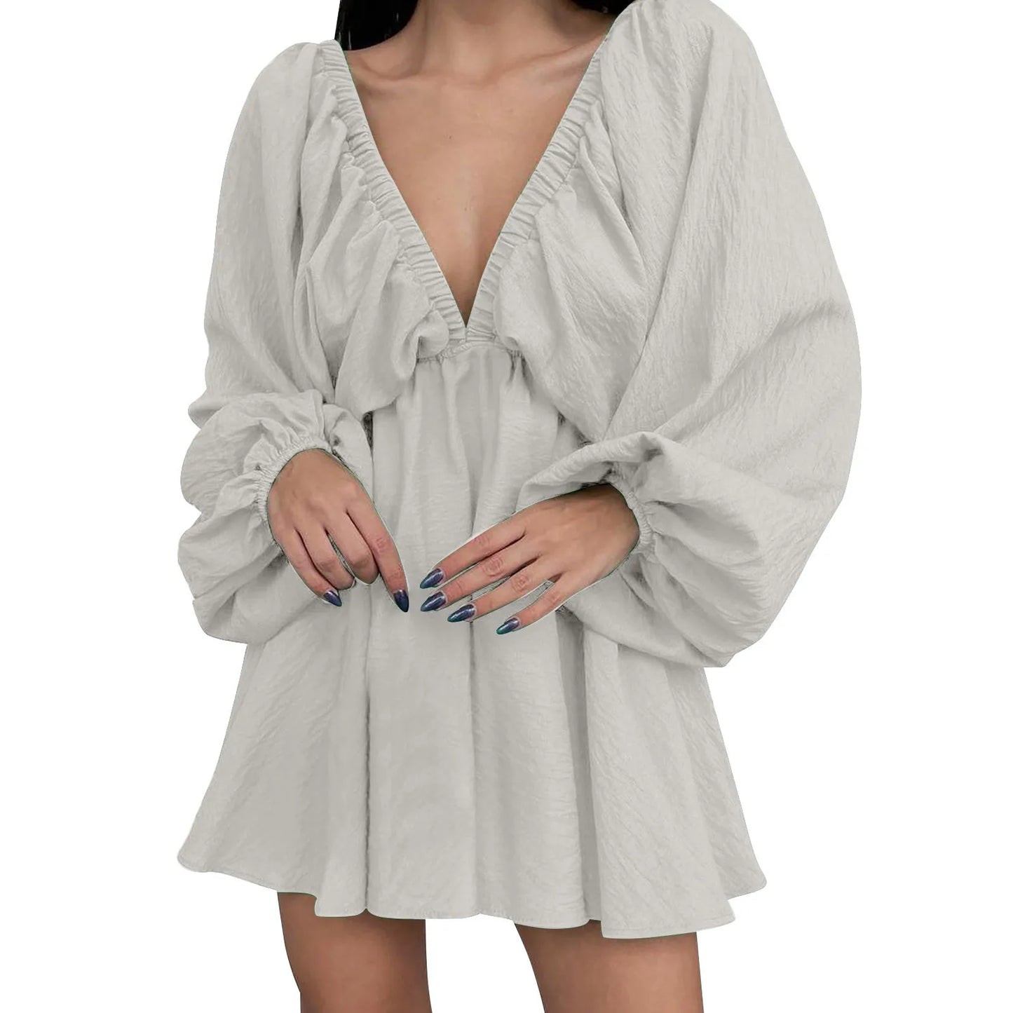 Deep V Pleated Long Sleeve Dress
