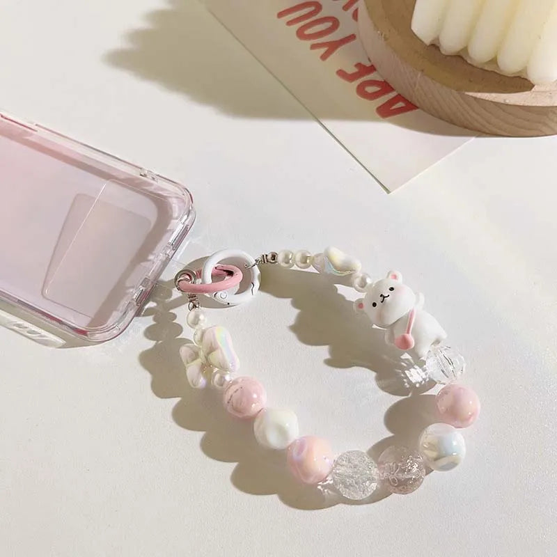 Cartoon Bear Love Beads Mobile Phone Chain Lanyard Cute Short Pendant Keychain Hanging Cord Straps Fashion Jewelry Accessories