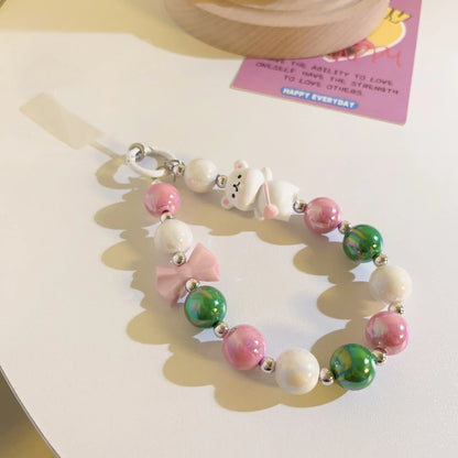 Cartoon Bear Love Beads Mobile Phone Chain Lanyard Cute Short Pendant Keychain Hanging Cord Straps Fashion Jewelry Accessories