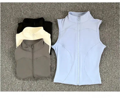 Women's Slim Fit Sport Sleeveless Top Quick Dry Elastic Stand Collar Yoga Fitness Clothing Summer Zipper