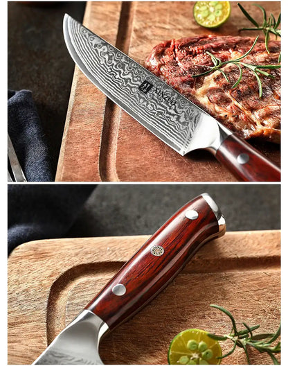 XINZUO 5'' Inch Steak Knife Damascus VG10 Steel Kitchen Knives High Quality Cutter Tools Utility Knife with Rosewood Handle