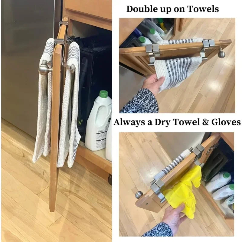 Towel rack with towels and cleaning supplies in a kitchen setting