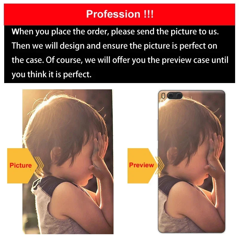Phone case design process with a child covering their face, showing a picture on the left and a preview on the right.