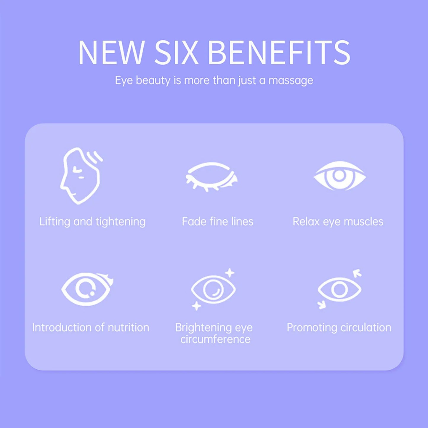 List of new six benefits of an eye beauty treatment on a purple background