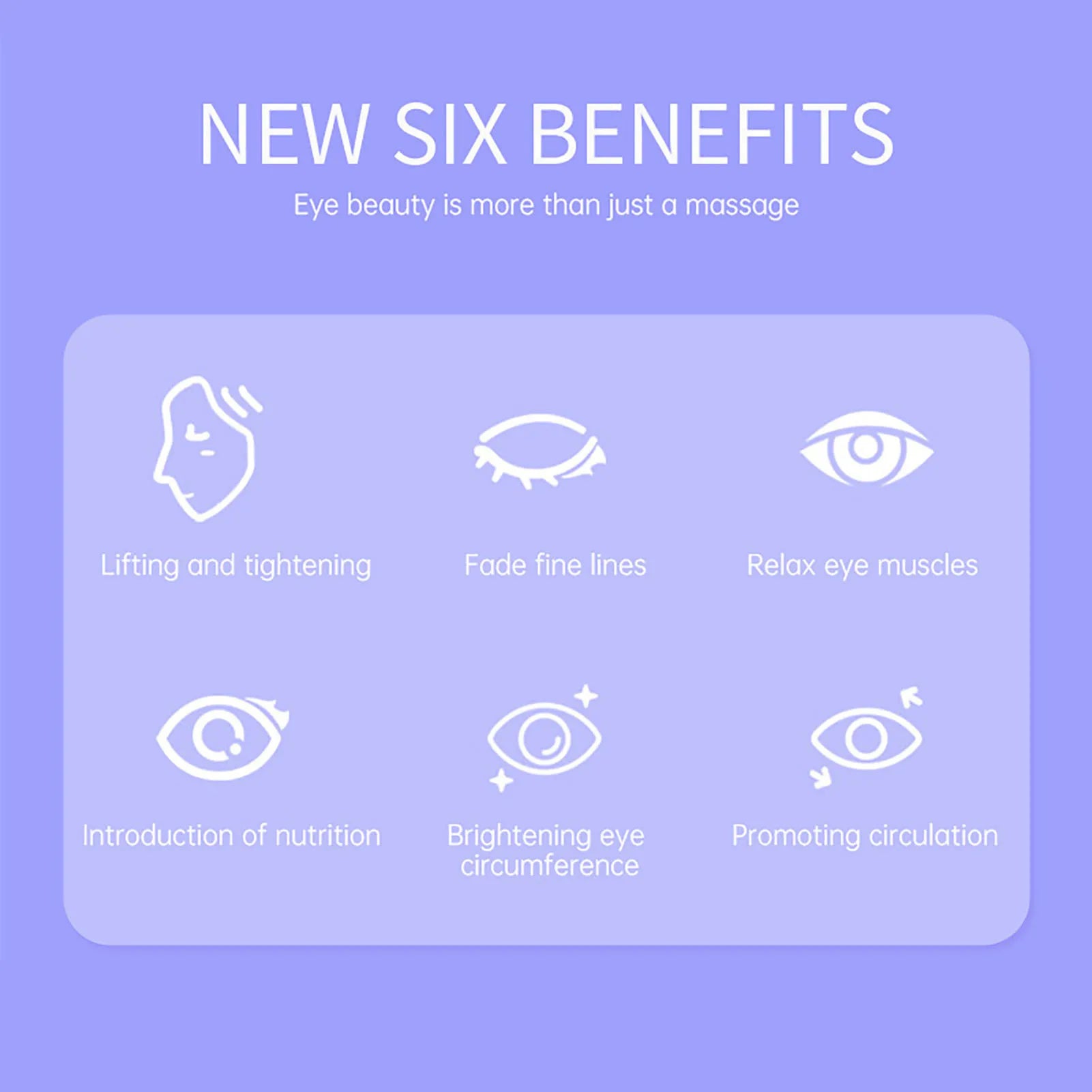 List of new six benefits of an eye beauty treatment on a purple background