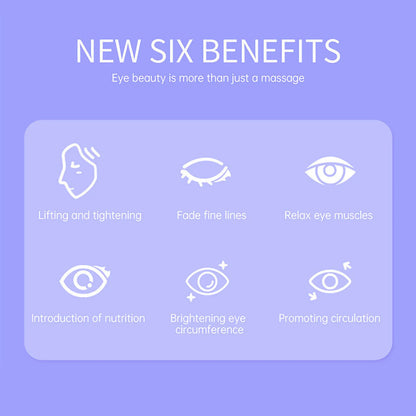 List of new six benefits of an eye beauty treatment on a purple background