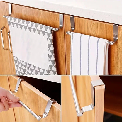 Towel rack mounted on a wooden cabinet with towels hanging from it, shown in a collage format.