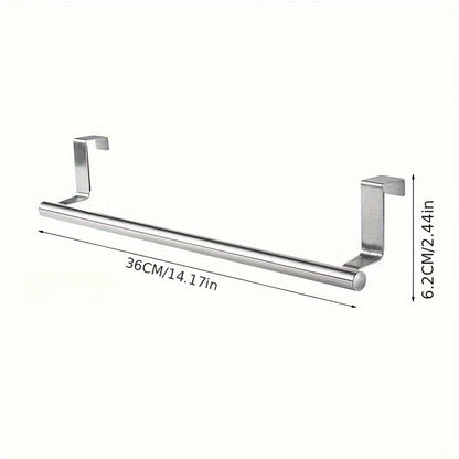 Metal over-the-door towel bar with dimensions on a white background