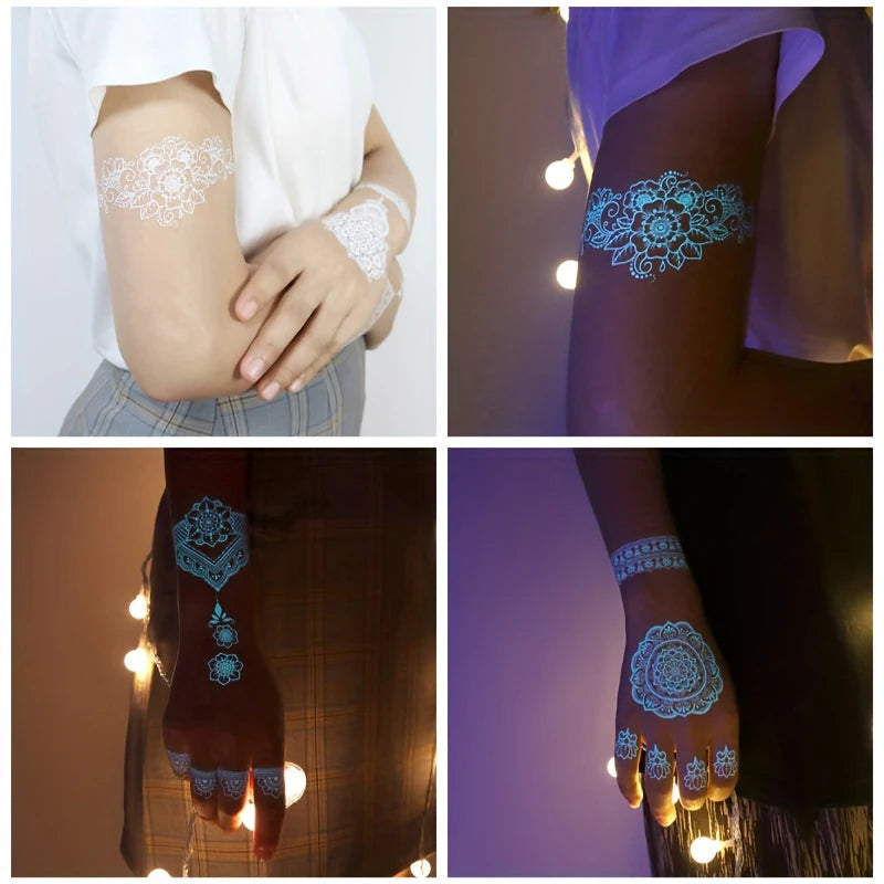Blue Luminous Henna Tattoo Sticker Girls Tribal White Lace Lotus Tattoos Mandala Flower Fake Jewelry Pendant Temporary Tattoo